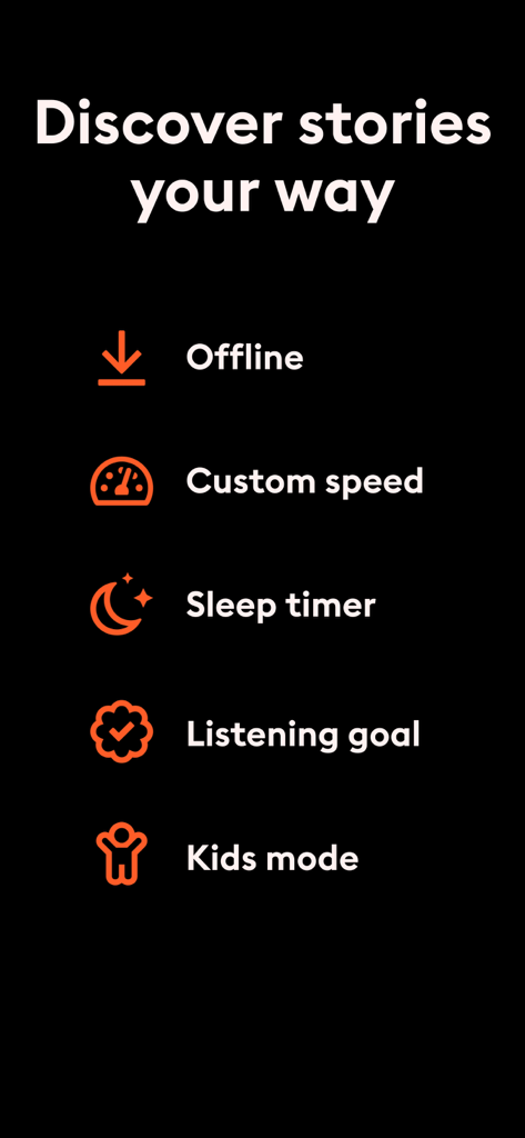 Eine Liste der Storytel App-Funktionen, einschließlich Offline-Modus, benutzerdefinierter Geschwindigkeit, Sleep-Timer, Hörzielen und Kindermodus