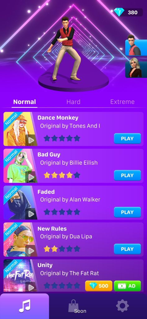Song selection screen in Tap Tap Dancefloor showing popular tracks and a dancing character avatar.