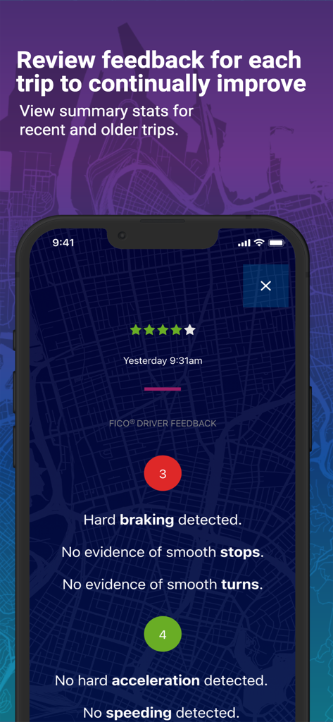 Mentor Business by eDriving℠ - Driver feedback screen showing trip statistics for braking and acceleration in the Mentor Business app.