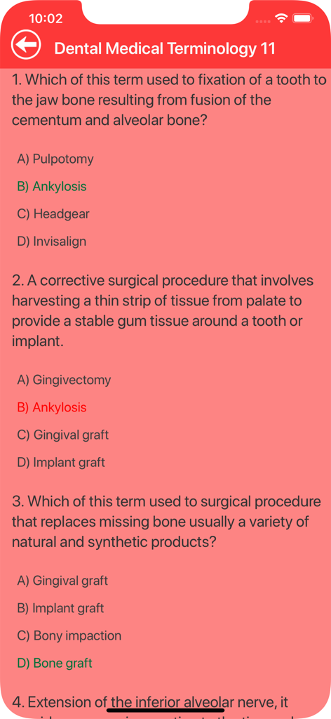 Dental Medical Terms Quiz - 口腔解剖学と処置に関する多肢選択問題が表示されている歯科医療用語クイズインターフェース。