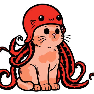 cat sitting down wearing an octopus hat with the octopus tentacles falling on the side of it’s body