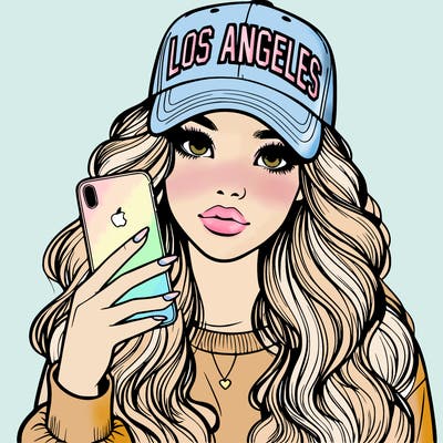 realistic beautiful girl wearing los ángeles cap holding an iphone