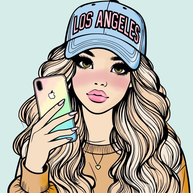 realistic beautiful girl wearing los ángeles cap holding an iphone