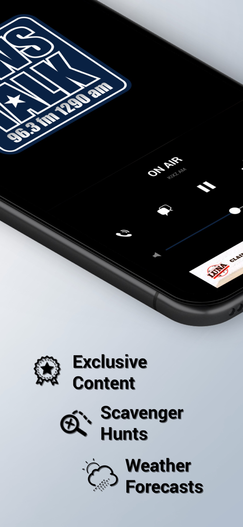 NewsTalk 1290 (KWFS-AM) - Interfaz de la aplicación móvil NewsTalk 1290 mostrando el reproductor de radio, pronósticos del tiempo locales y búsquedas del tesoro