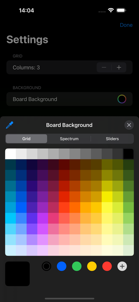 サウンドボードアプリのグリッド列の調整とカラフルな背景ピッカーを表示する設定メニュー