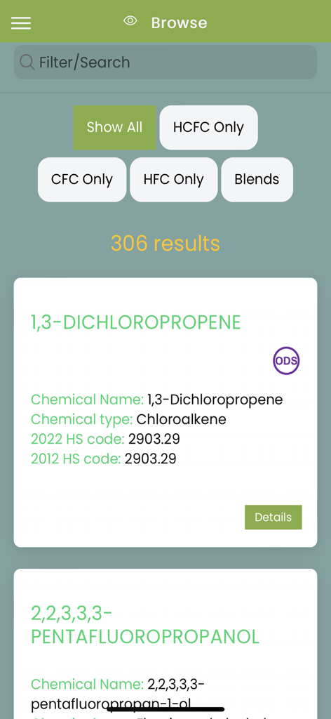 UNEP What Gasアプリの画面。検索フィルターとODS分類とともに、化学物質のリストが表示されます。