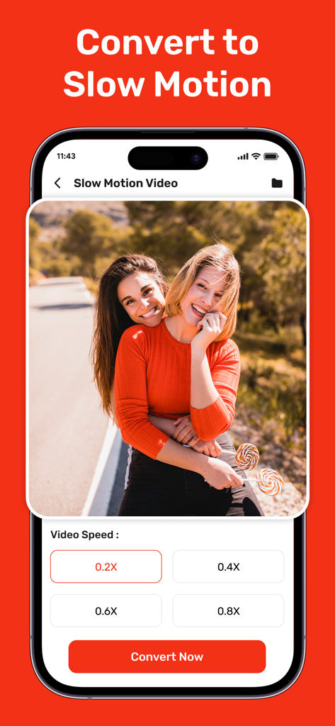 Ytd Video Downloader app interface showing the slow motion conversion tool with speed options and a preview of two women smiling.