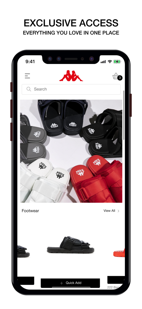 Kappa USA app screen showing exclusive footwear collections and athletic slides.