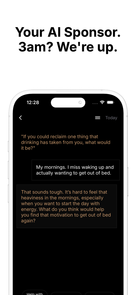 less. Drink less & Stay Sober - A mobile screen showing a supportive chat conversation with an AI sponsor about reclaiming energy and motivation by drinking less