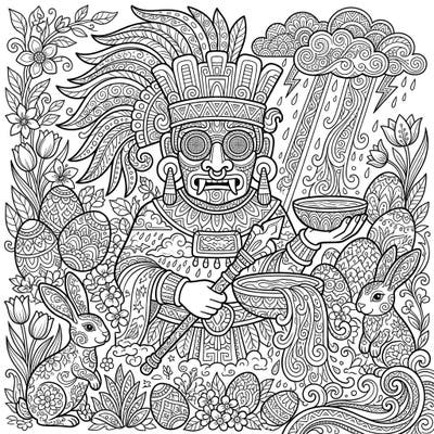 Experience a unique fusion of ancient divinity and springtime joy with this Tlaloc Zentangle Easter coloring page. Dive into intricate patterns featuring the Aztec god, playful bunnies, and festive eggs, ready for your creative touch.