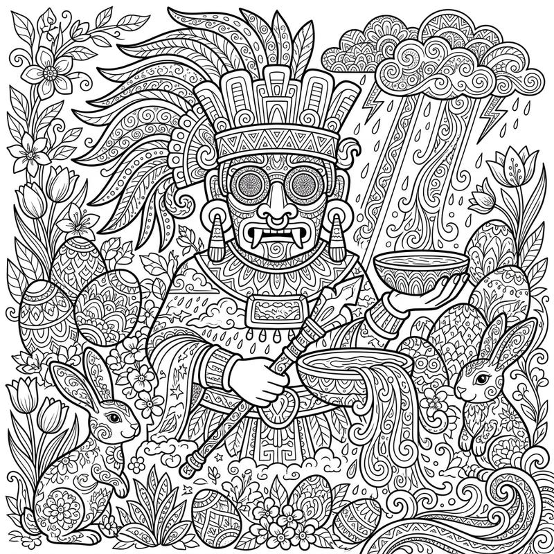 Experience a unique fusion of ancient divinity and springtime joy with this Tlaloc Zentangle Easter coloring page. Dive into intricate patterns featuring the Aztec god, playful bunnies, and festive eggs, ready for your creative touch.