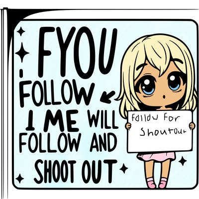 girl holding sign that says if you follow me i will follow you and give a shout out