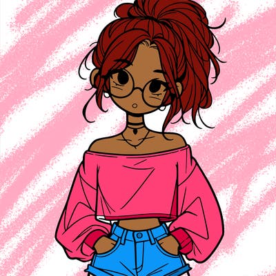 girl with a messy ponytail glasses a baggy crop top and jean shorts