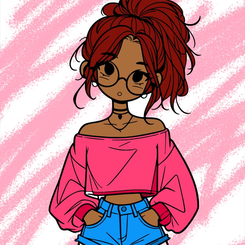 girl with a messy ponytail glasses a baggy crop top and jean shorts