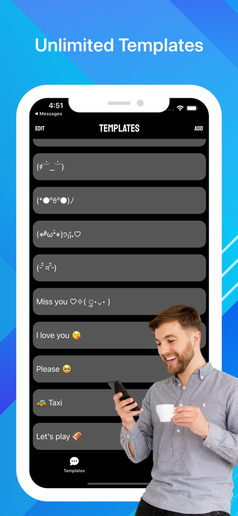 Auto Keyboard Paste Text Copy - Mobile app interface showing unlimited text message templates for auto pasting
