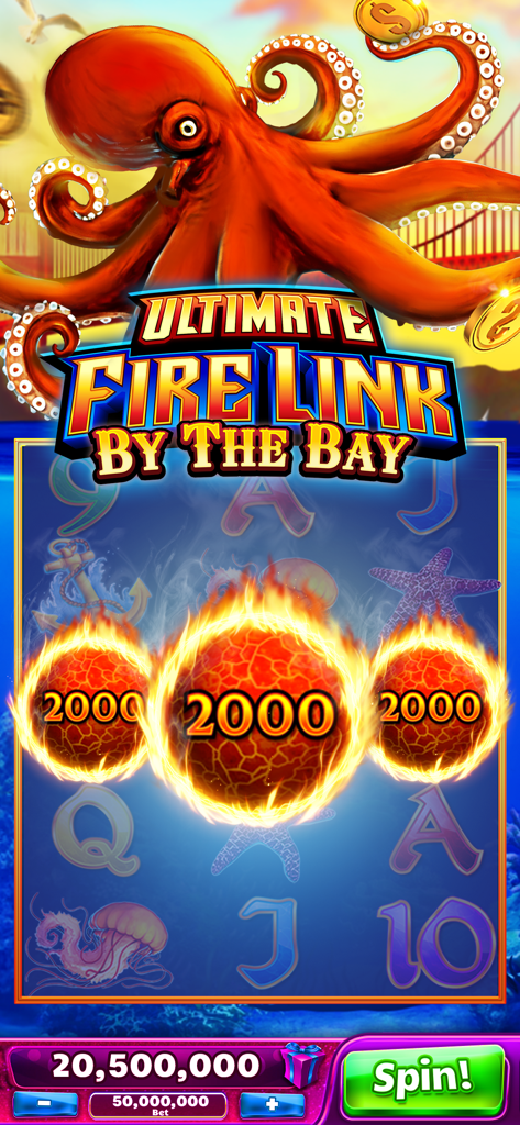 Captura de pantalla del juego de la tragamonedas Ultimate Fire Link By The Bay en Jackpot Party Casino con un gran pulpo naranja y orbes de bote en llamas.