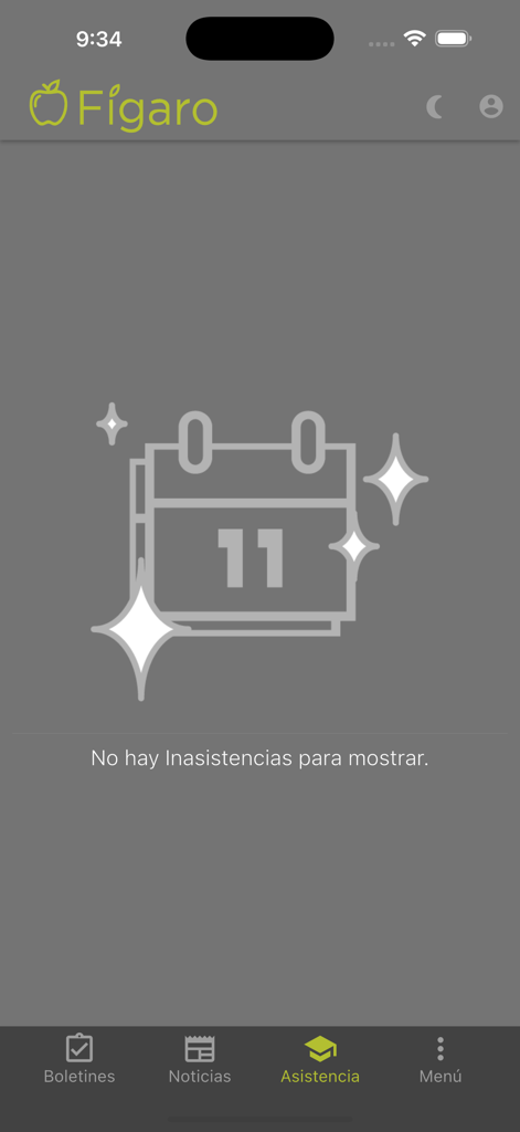 Attendance screen of the Figaro school management app showing no absences recorded