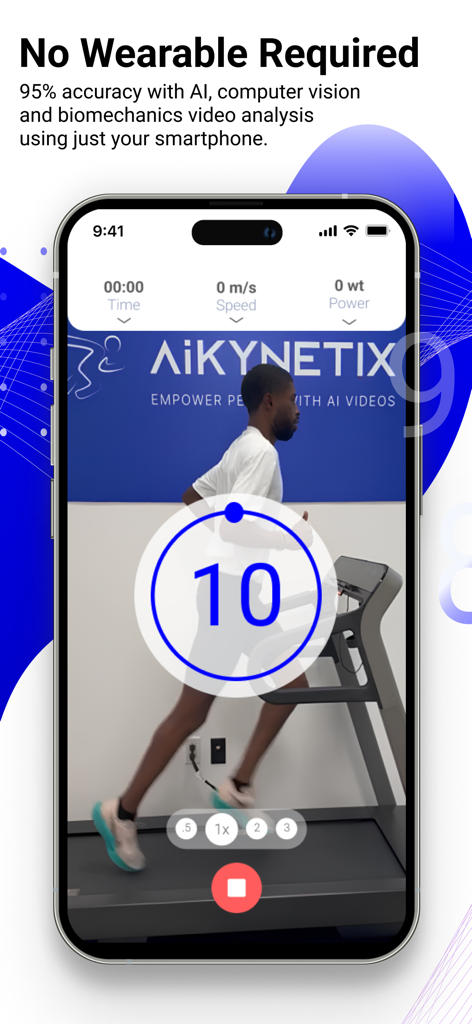 Aplicación AiKYNETIX realizando análisis de movimiento por IA a un corredor usando un smartphone en una cinta de correr