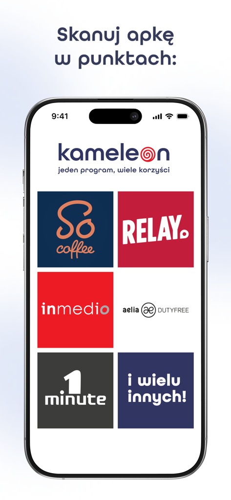 Kameleon - promocje i okazje - Kameleon mobile app screen displaying partner brands for the loyalty program including Relay and So Coffee