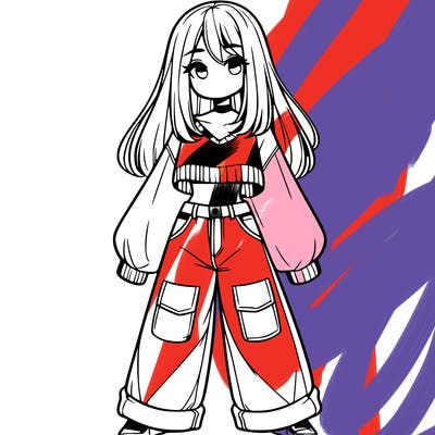 cute girl with straight hair in baggy jeans and a crop top and a sweater