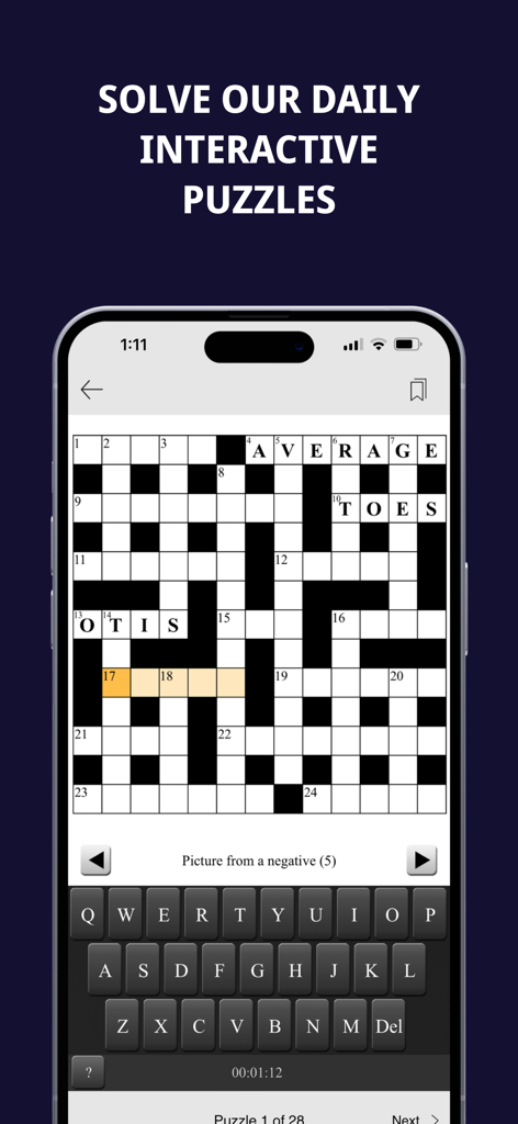 A mobile screen showing an interactive crossword puzzle within the Wiltshire Gazette and Herald app