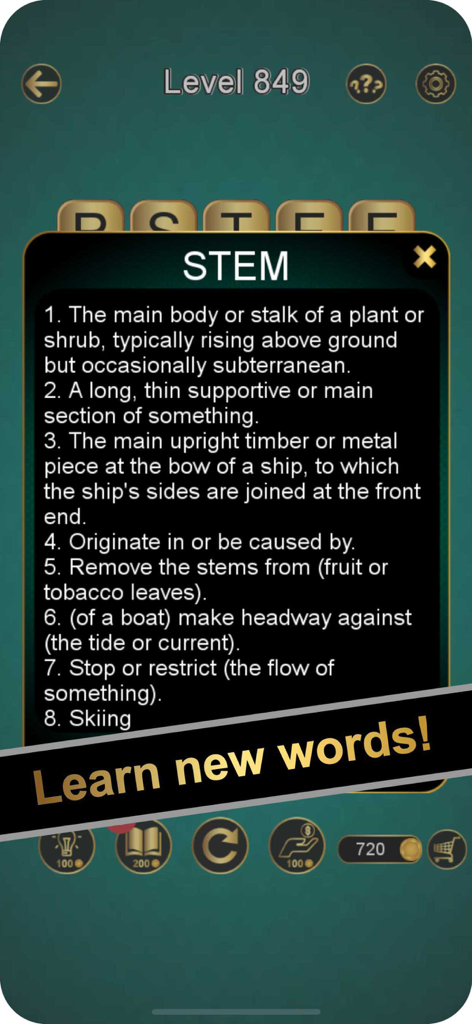 Word Spell app screenshot showing multiple dictionary definitions for the word STEM in the in-game dictionary feature