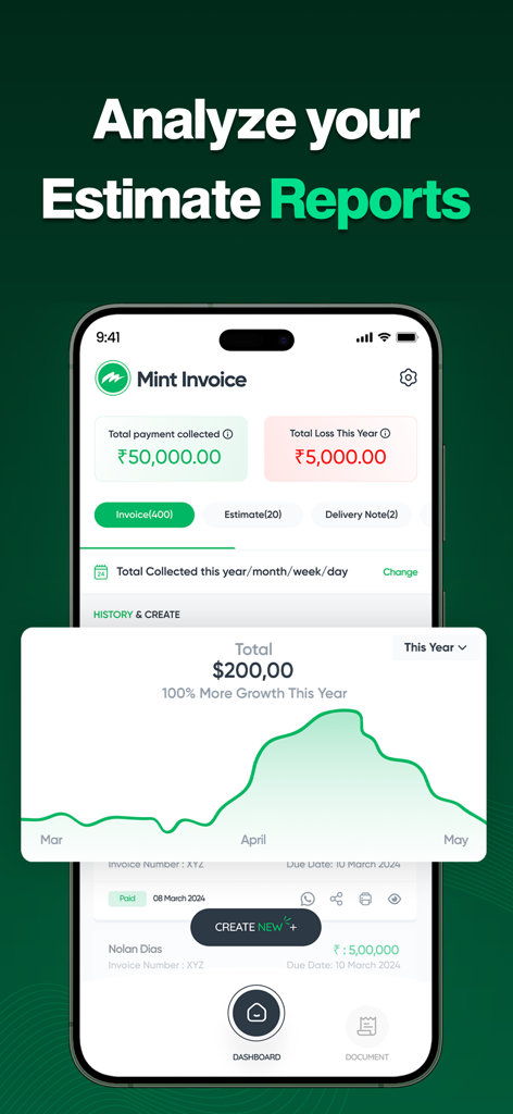 Mobile app dashboard displaying financial growth charts and estimate reports for business professionals.