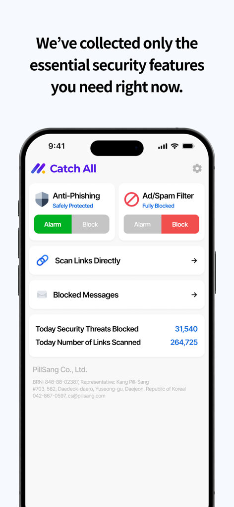 Catch All Lite - Catch All Lite app screen showing anti-phishing and spam filter features.