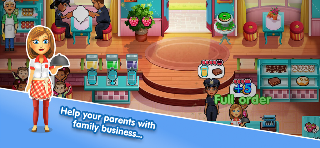 Julie's Sweets - Julie standing in her family bakery serving customers in a time management cooking game