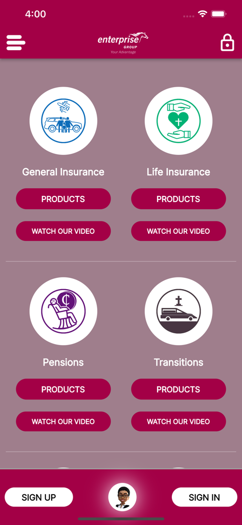 Enterprise Advantage - Main dashboard of the Enterprise Advantage app showing insurance and pension services