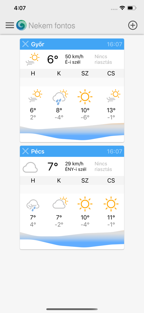 Weather forecast for Hungarian cities Gyor and Pecs in the OMSZ Meteora app