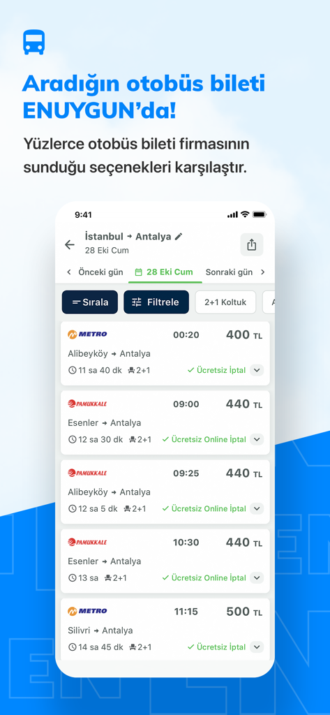 ENUYGUN: Uçak Otel Otobüs Araç - Mobile App-Oberfläche, die Busticketpreise und Fahrpläne für Reisen zwischen Istanbul und Antalya anzeigt