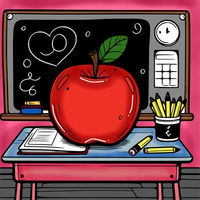 an apple sitting on a teacher’s desk