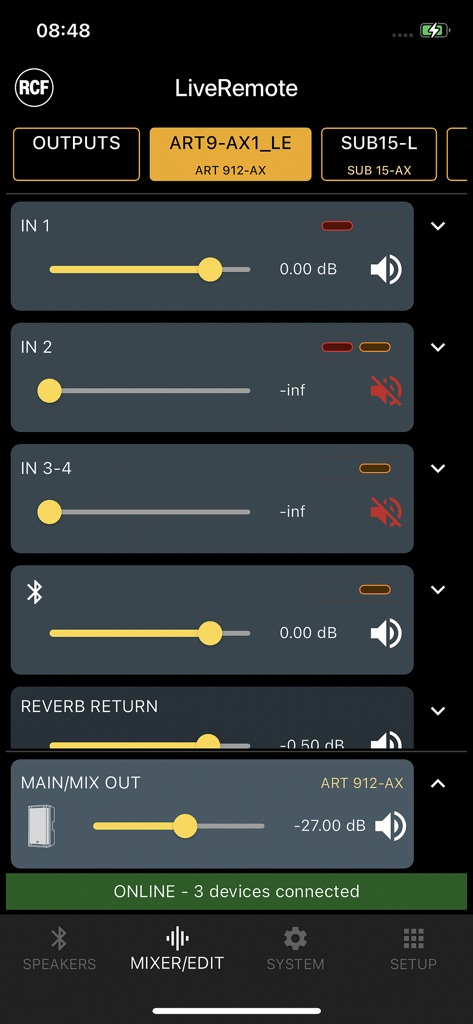 RCF LiveRemote - Interfaz de la aplicación RCF LiveRemote mostrando control de mezclador digital con deslizadores de volumen para altavoces profesionales.