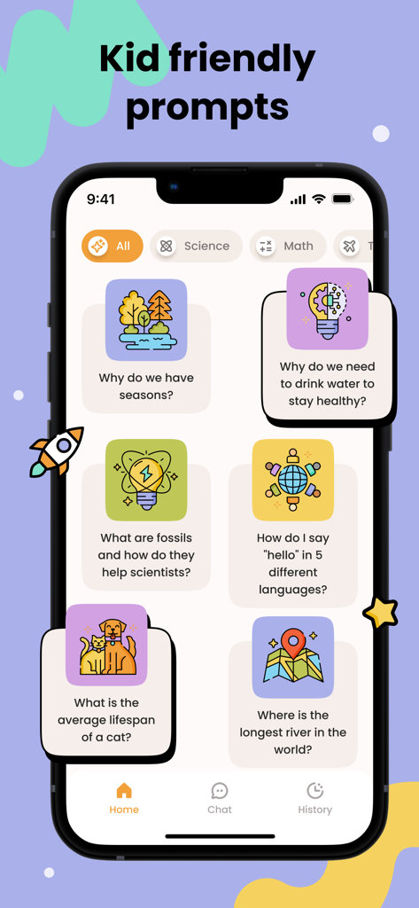 Mobile app screen showing a variety of colorful educational AI chat prompts for children.