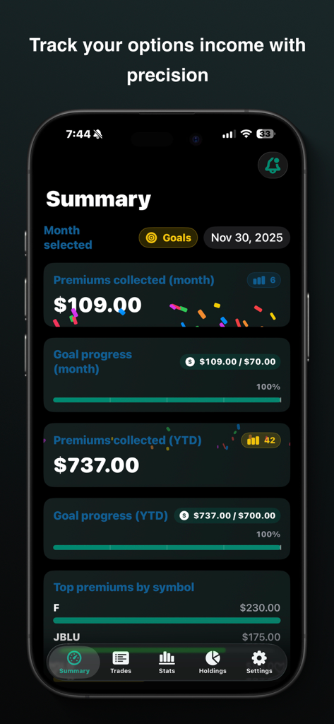 Mobile app dashboard showing monthly options premiums collected and trading goal progress charts.
