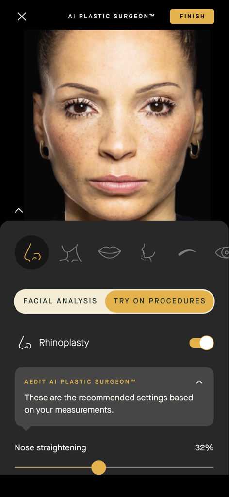 AEDIT: AI Plastic Surgeon - Une femme utilisant l'application AEDIT pour simuler une procédure de rhinoplastie avec les paramètres recommandés par l'IA