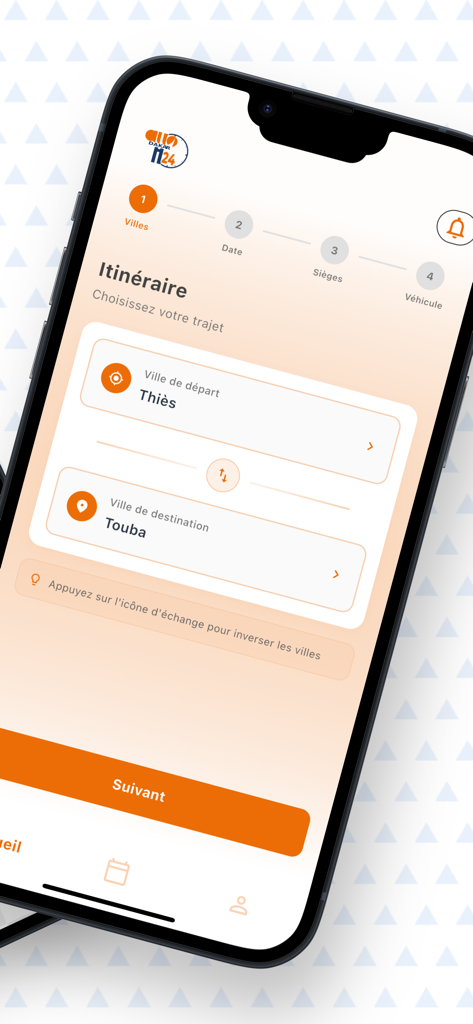 Interface de l'application Allo Dakar H24 pour choisir les villes de départ et de destination au Sénégal.