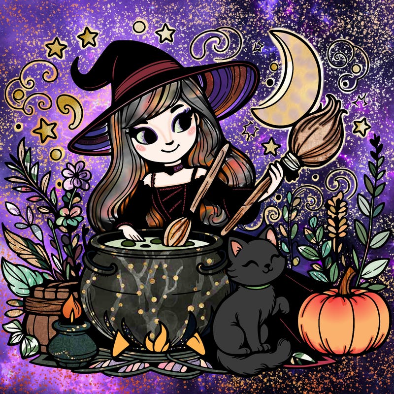 beautiful witch with cat and a cauldron