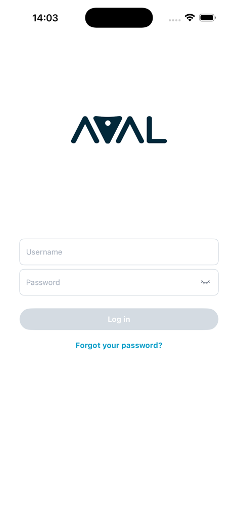Aval Track App - Écran de connexion de l'application Aval Track montrant les champs de saisie du nom d'utilisateur et du mot de passe.