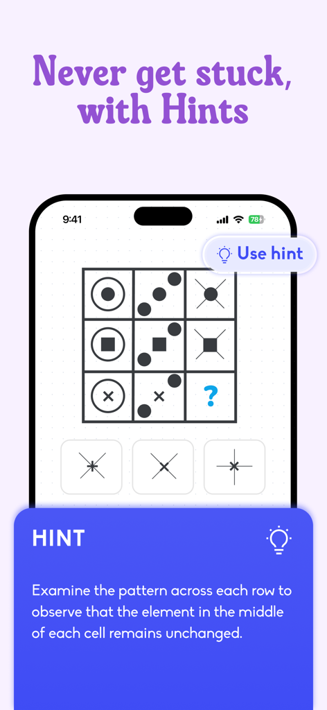 Simbo - IQ & Brain Training - A logic puzzle screen with helpful hints in the Simbo brain training app
