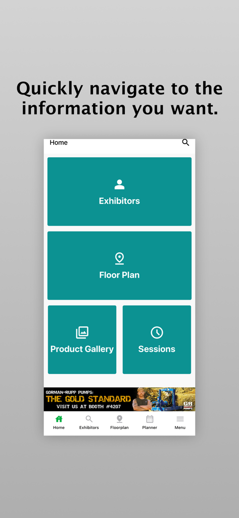 Home screen of the MINExpo INTERNATIONAL app displaying navigation options for exhibitors floor plan product gallery and sessions