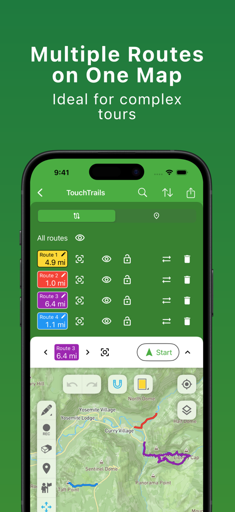 TouchTrails – Route Planner - Pantalla de la aplicación TouchTrails mostrando múltiples rutas en un solo mapa para tours complejos.
