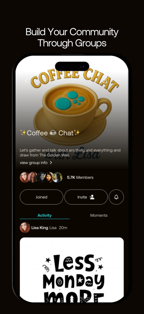 Chatter Social app screenshot showing a Coffee Chat group page with 5.7K members and community activity