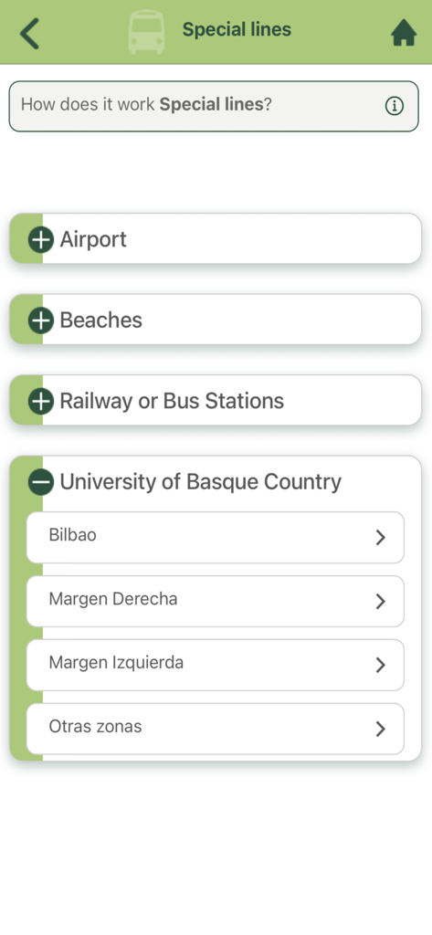 Bizkaibus - Bizkaibus app special lines screen showing bus routes for the airport beaches and university