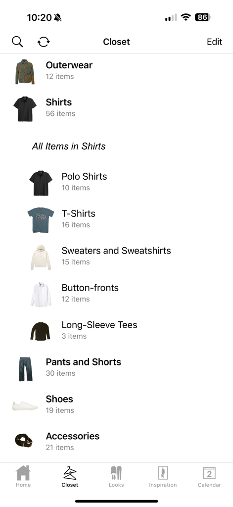 Stylebook Men - Screenshot of the Stylebook Men app showing organized closet categories including outerwear, shirts, pants, and accessories.