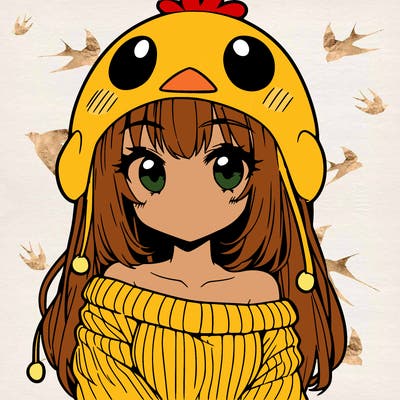 anime girl with chick shaped hat with sweater with bare shoulders with bangs covering them one eye with low tail