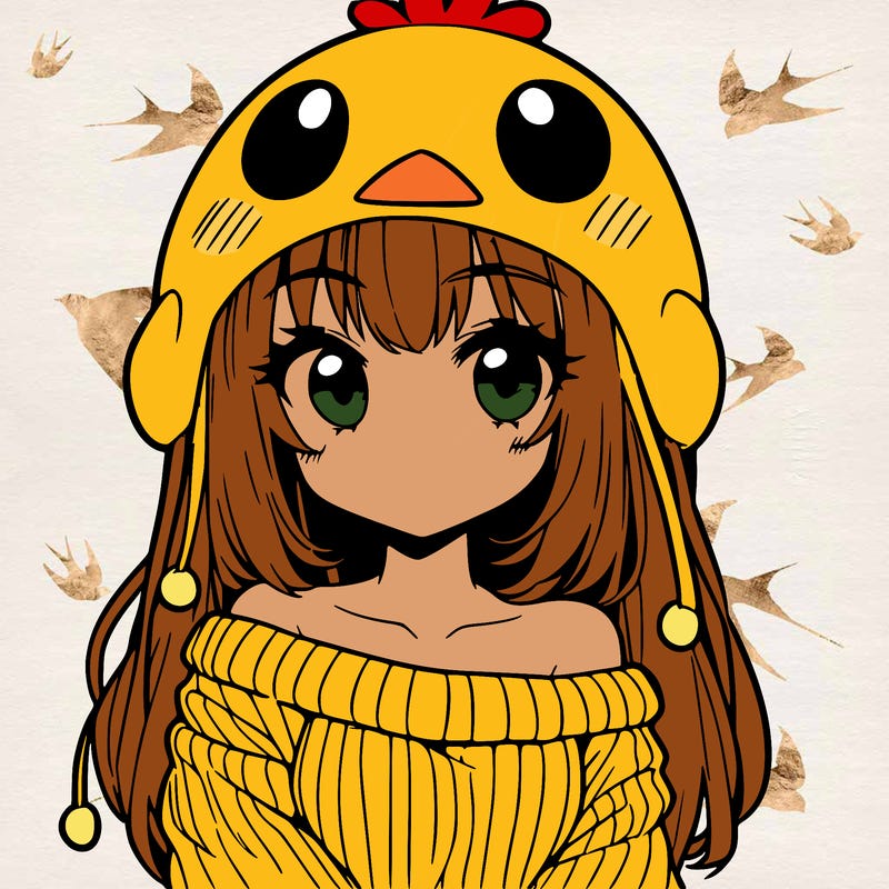 anime girl with chick shaped hat with sweater with bare shoulders with bangs covering them one eye with low tail
