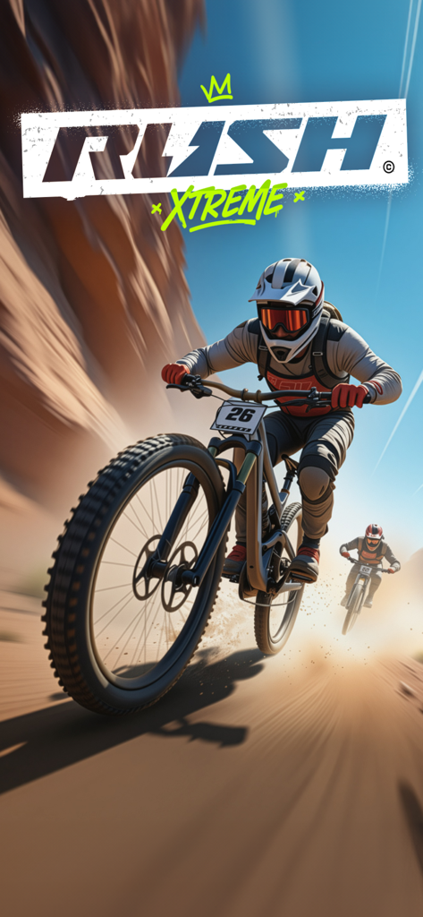 RUSH: Xtreme - A mountain biker racing down a desert trail in RUSH Xtreme