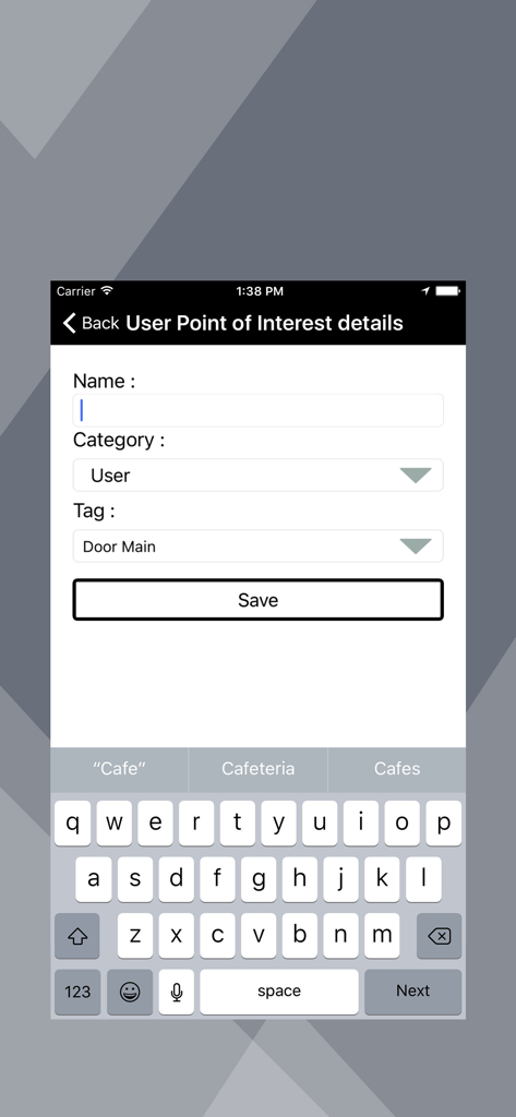 Indigo Nav - Interface for adding a custom point of interest including name category and tag fields